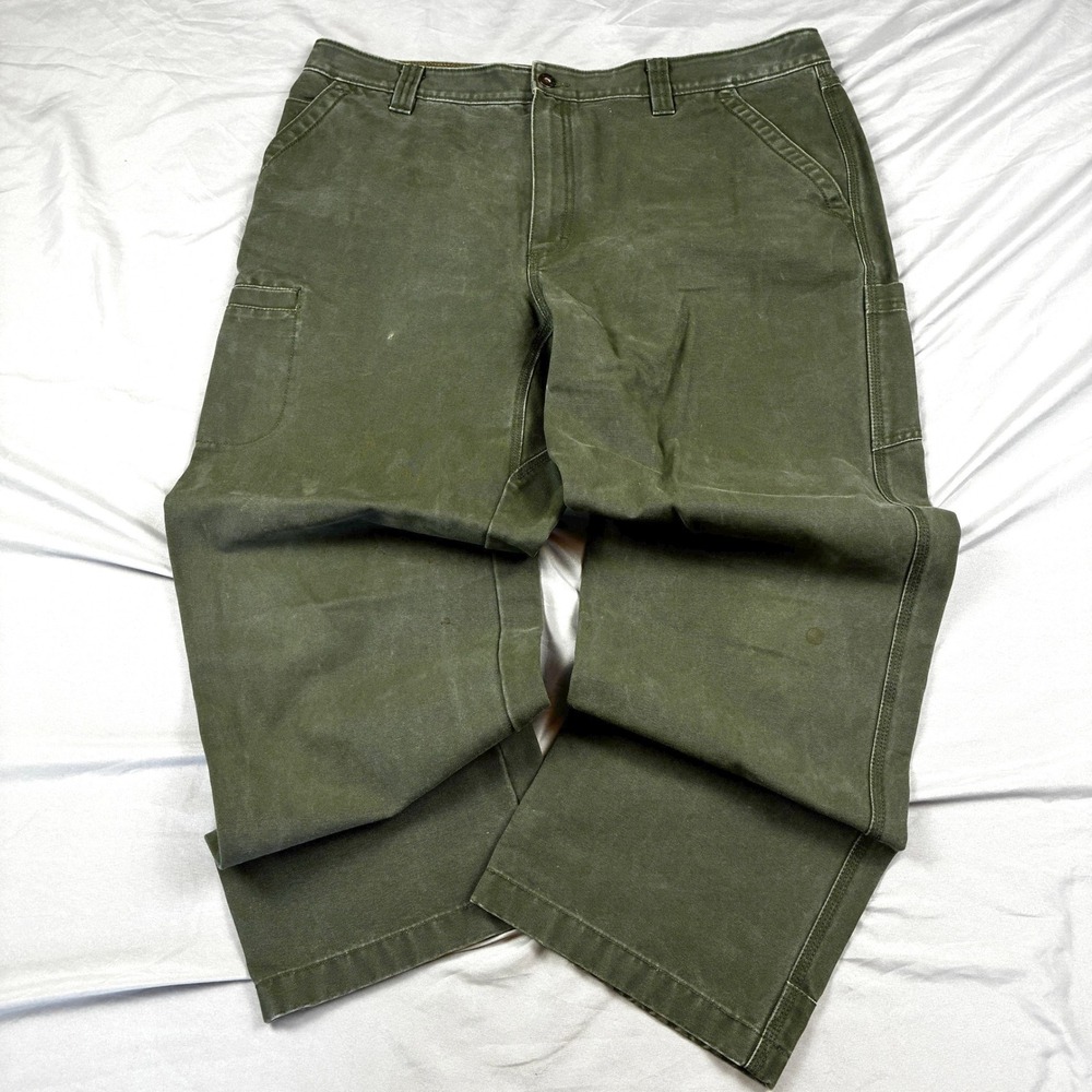 LL Bean Katahdin Iron Works Utility Pants Mens 38x30 Green Canvas Carpenter